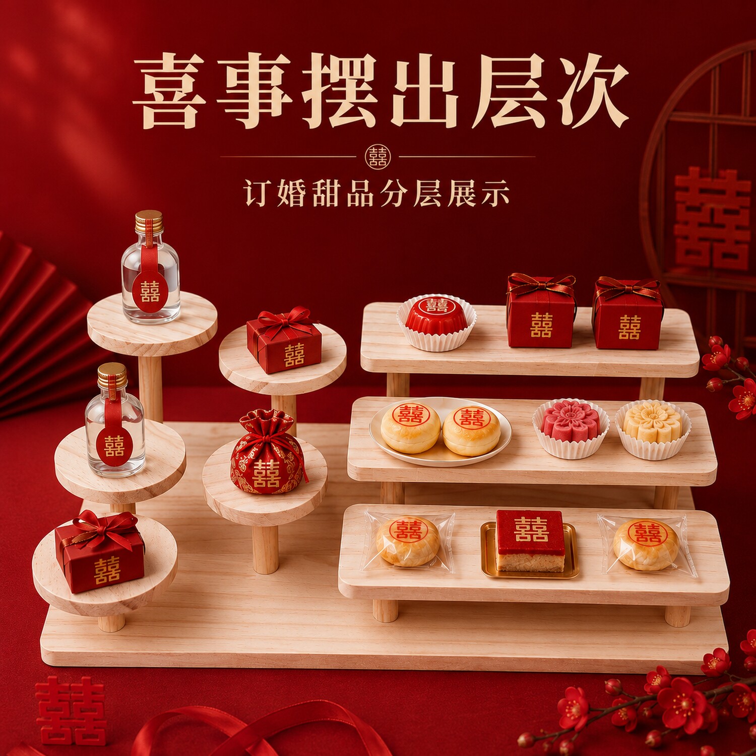 木质多层甜品台展示架结婚订婚喜庆红色礼盒装糖果台装饰架子高低