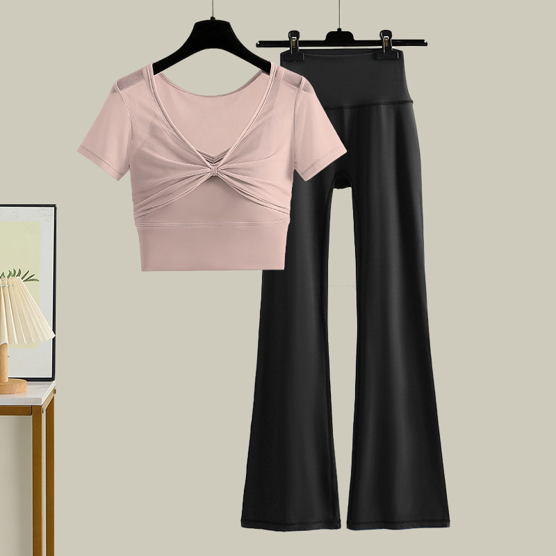 瑜伽服女套装夏季新款运动上衣带胸垫显瘦紧身短袖时尚训练健身服