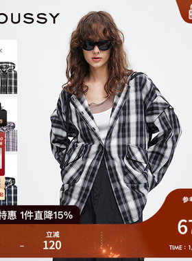 MOUSSY 秋季新品复古街头撞色格纹连帽长袖衬衫028ISA30-2301