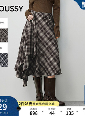 MOUSSY 春春新品复古格纹不规则裙摆长款半身裙028IAA31-1027