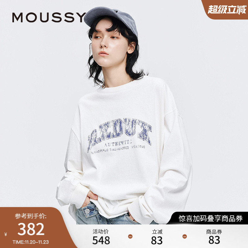 MOUSSY2025早秋新品美式学院风做旧印花长袖T恤女028IAZ90-1010