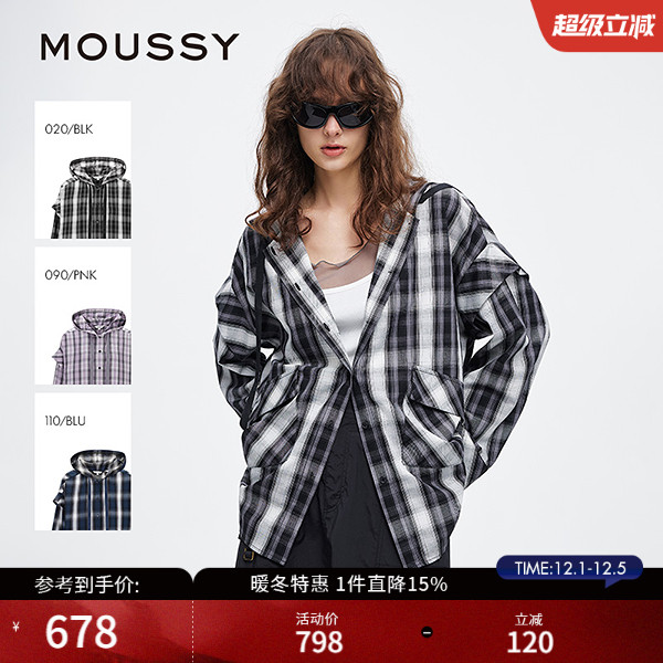 MOUSSY 秋季新品复古街头撞色格纹连帽长袖衬衫028ISA30-2301