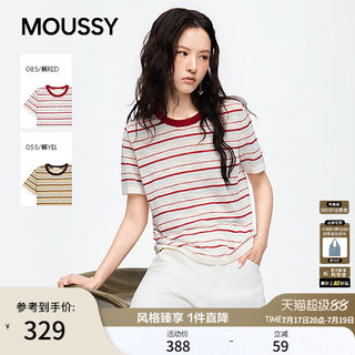 MOUSSY2026夏季新品复古条纹撞色圆领正肩短袖T恤028JSC90-1091