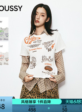 MOUSSY2026春季新品甜酷辣妹圆领字母印花修身短袖T028JSA90-1038