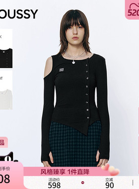 MOUSSY2026春季新品辣妹风露肩不规则修身长袖T恤女028IAA80-1016