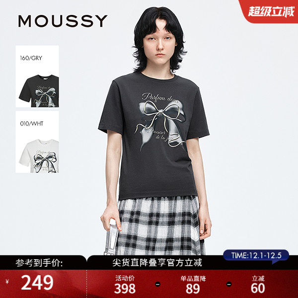 MOUSSY2025早秋休闲风大蝴蝶结印花圆领短袖T恤028IAA90-0731