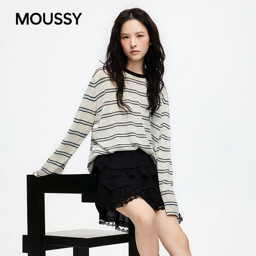 MOUSSY 2026夏季新品复古风条纹撞色休闲长袖T恤女028JSC90-1090