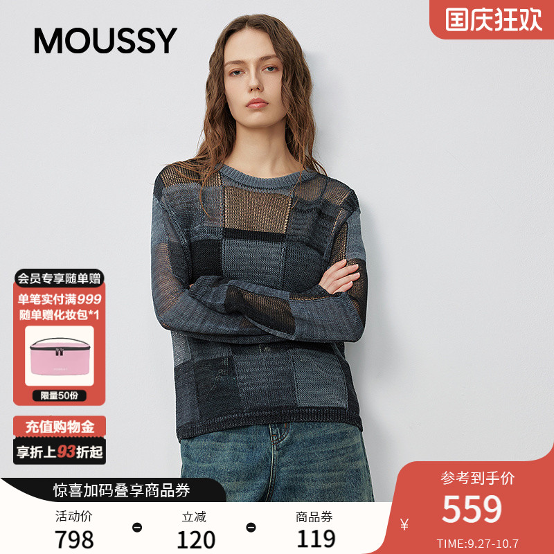 MOUSSY2025秋季新品复古休闲风撞色拼接毛针织衫女028IAC70-1037