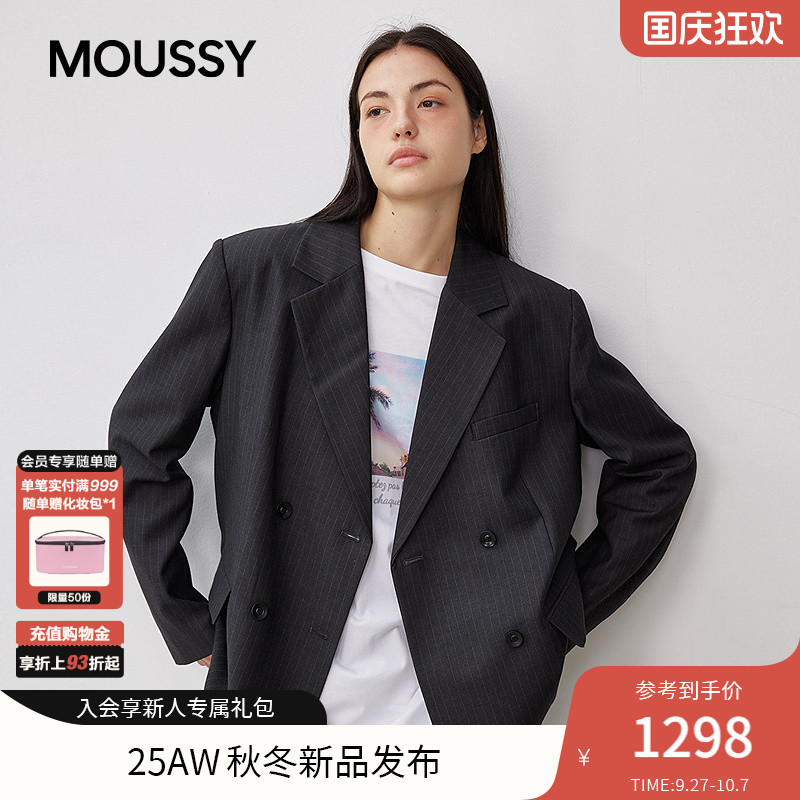 MOUSSY2025秋冬新品极简风条纹廓形休闲西装外套女028IAA30-1072