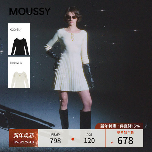 MOUSSY 2026早春新品优雅文艺风系带收腰百褶连衣裙010IA373-6371