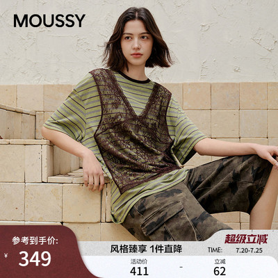 MOUSSY早春新品复古风蕾丝假两件条纹短袖T恤028JSX90-1093