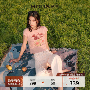 4211 T恤028ISQ90 MOUSSY 早秋复古玫瑰印花正肩短袖