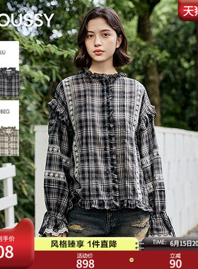 MOUSSY 2026夏季新品甜酷风渐变格纹碎花蕾丝衬衫女028JSA30-1041