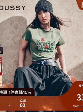 MOUSSY2025早秋休闲风字母玫瑰印花圆领短袖T恤028IAA90-0671