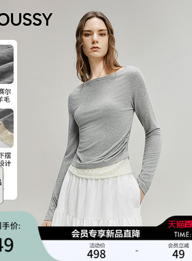 MOUSSY2026春季新品简约蕾丝拼接一字领修身长袖T恤028IAA80-1019