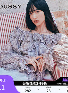 MOUSSY 早春新品甜美荷叶边露肩格子长袖衬衫女028IAA30-1006