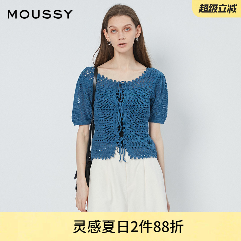 moussy立体钩花系带短袖针织开衫