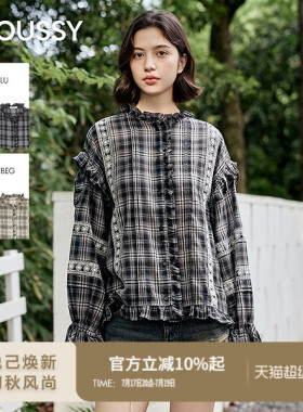 MOUSSY 2026夏季新品甜酷风渐变格纹碎花蕾丝衬衫女028JSA30-1041