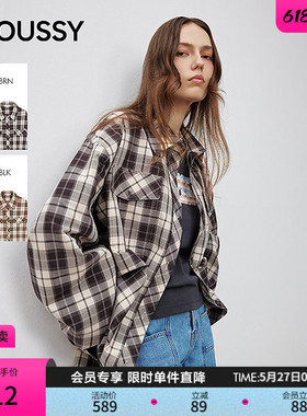 MOUSSY 甜酷风抽褶系带收口复古格子长袖衬衫女028ISA30-1004