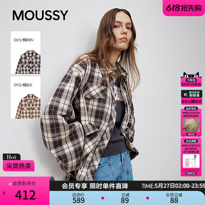MOUSSY 甜酷风抽褶系带收口复古格子长袖衬衫女028ISA30-1004