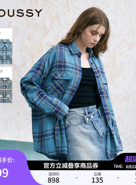 赵昭仪同款MOUSSY 新品美式复古格纹LOGO时尚衬衫女028JSX30-1052