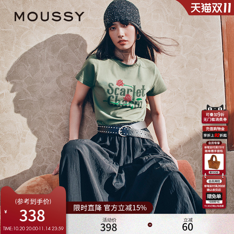 MOUSSY2025早秋休闲风字母玫瑰印花圆领短袖T恤028IAA90-0671