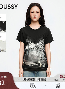 MOUSSY2026夏季新品甜酷风蕾丝拼接涂鸦印花短袖T恤028JSZ90-1042