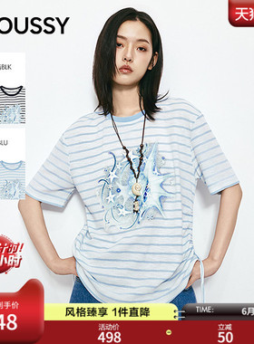 MOUSSY2026夏季新品清新文艺风海盐条纹印花短袖T恤028JSZ90-1064