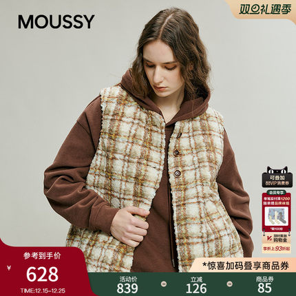 MOUSSY 2025冬季新品复古格子仿羊羔绒撞色马甲背心028IAC30-1108