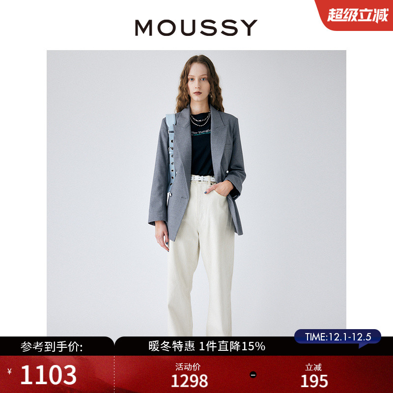 MOUSSY高腰白色法棍裤直筒牛仔裤