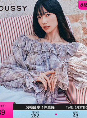MOUSSY 早春新品甜美荷叶边露肩格子长袖衬衫女028IAA30-1006