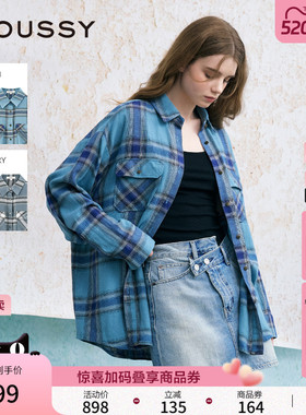 赵昭仪同款MOUSSY 新品美式复古格纹LOGO时尚衬衫女028JSX30-1052