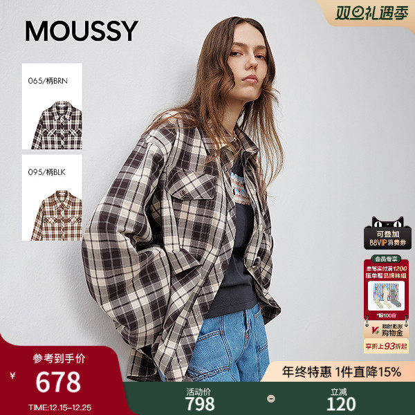 MOUSSY 2025甜酷风抽褶系带收口复古格子长袖衬衫女028ISA30-1004