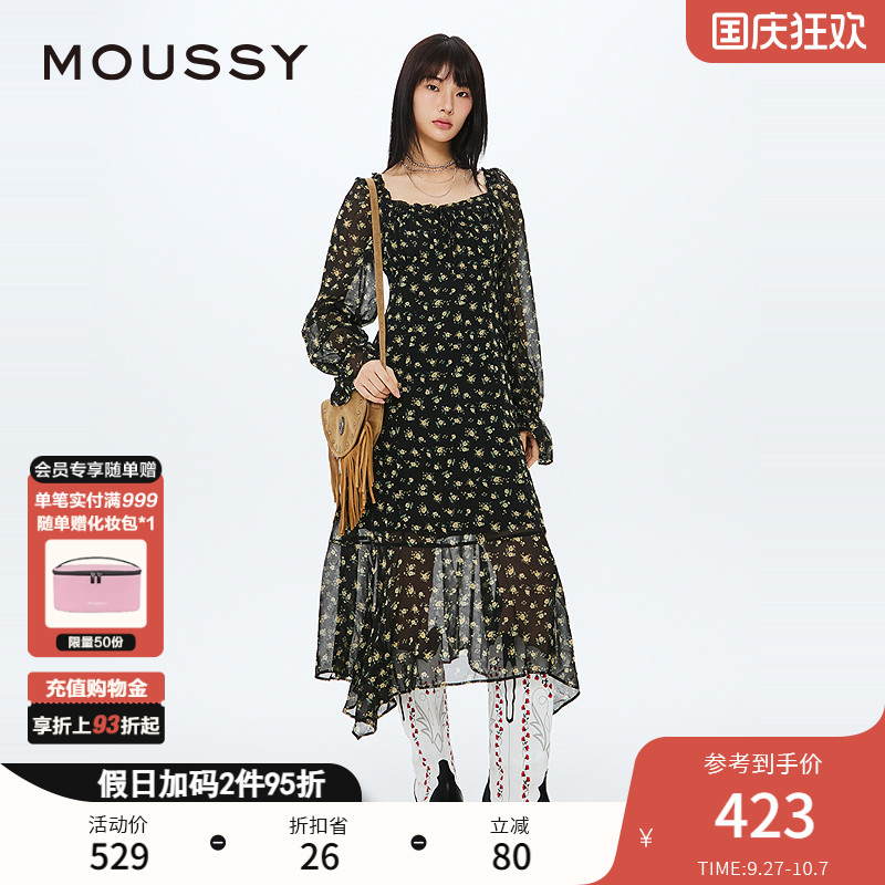 MOUSSY 2024春季新品南法度假风茶歇长袖连衣裙女028HSZ30-0521