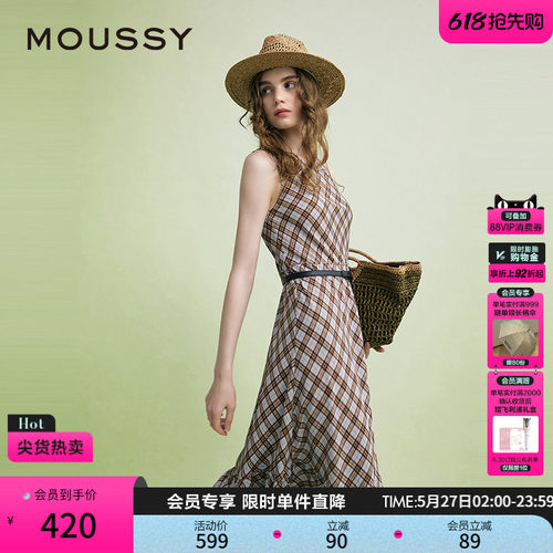 MOUSSY 夏季新品复古港风菱格纹无袖连衣裙女028ISA33-3961