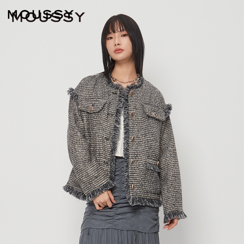 【新品试用】moussy秋季新品知性淑女风毛边流苏小香风外套