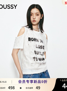 MOUSSY2026夏季新品甜酷风露肩墨痕字母印花短袖T恤028JSA90-1061