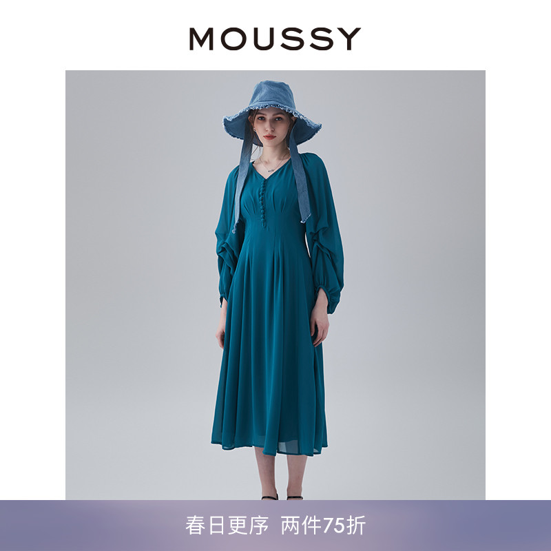 moussyv领后拉链长款收腰连衣裙