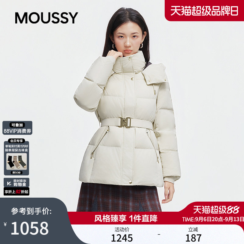 MOUSSY 2026冬季新品连帽腰带收腰90保暖羽绒服女028JAC30-1747图片