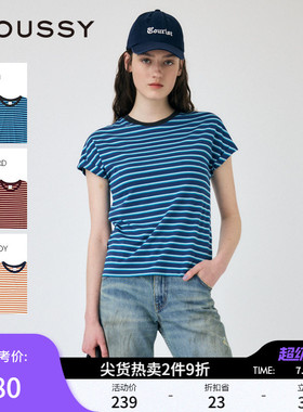 MOUSSY 夏季新品复古撞色条纹圆领折边短袖T恤010IS890-2121