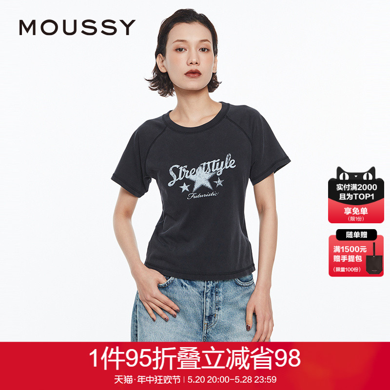 MOUSSY 2024夏季新品美式复古街头感印花插肩袖T恤028HSZ90-0951 女装/女士精品 T恤 原图主图