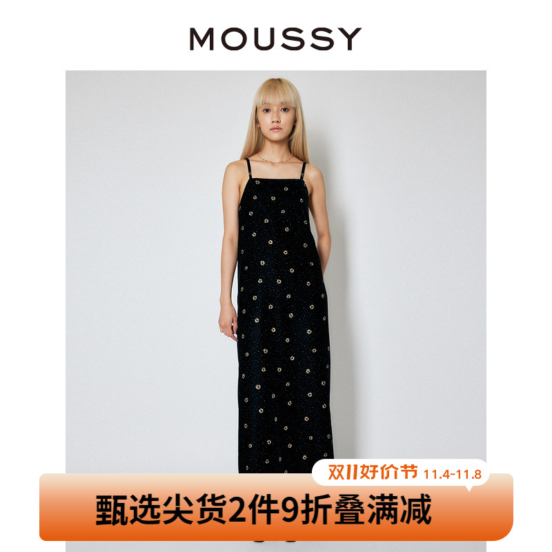 MOUSSY 冬季新品复古丝绒波点印花吊带连衣裙010FAH30-5840