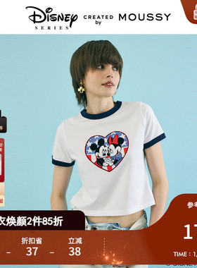 MOUSSY夏季新品迪士尼联名米奇米妮正肩撞边T恤010HSQ90-0250