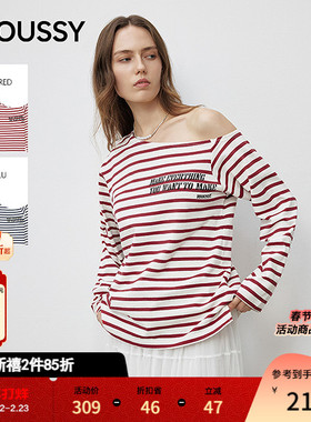MOUSSY秋季新品性感慵懒斜肩条纹撞色长袖T恤028ISB80-1003