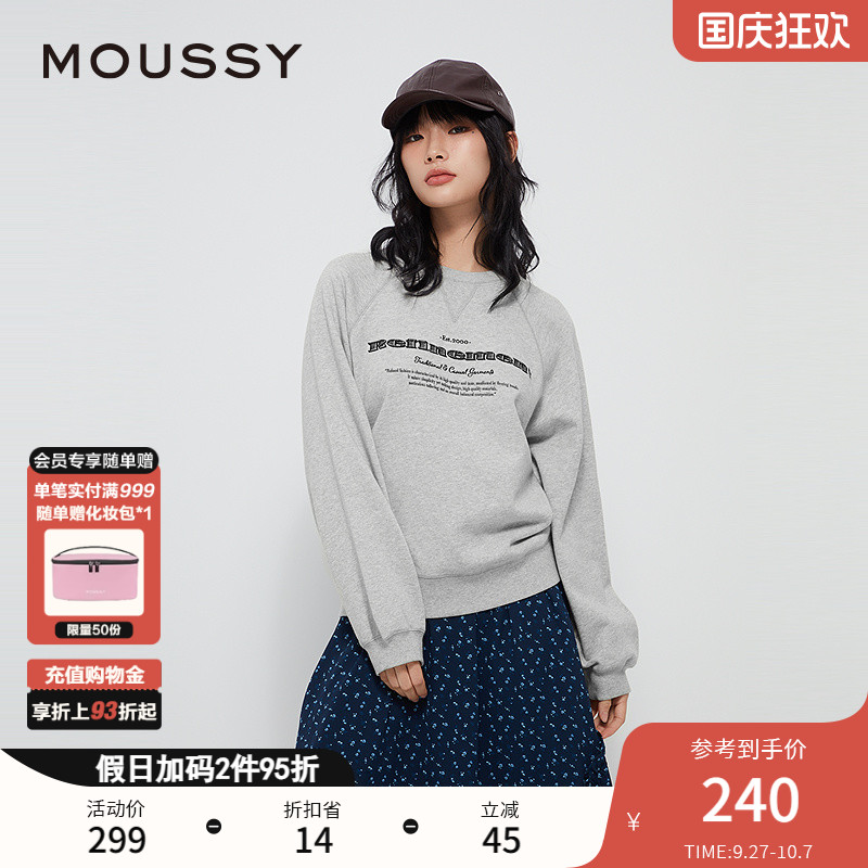 MOUSSY 2024冬季新品美式字母印花插肩袖圆领卫衣女028HAZ90-1281