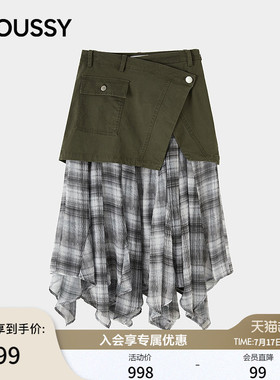 MOUSSY 2026夏季新品复古美式拼接格纹不规则半身裙028JAZ31-1002