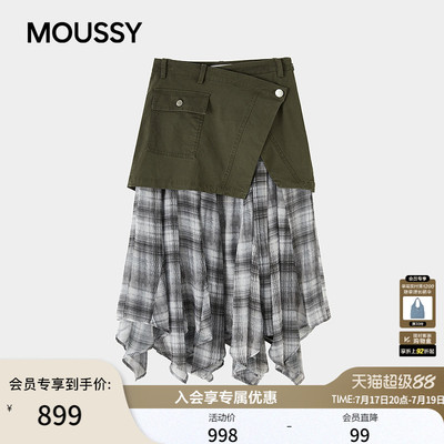 MOUSSY 2026夏季新品复古美式拼接格纹不规则半身裙028JAZ31-1002