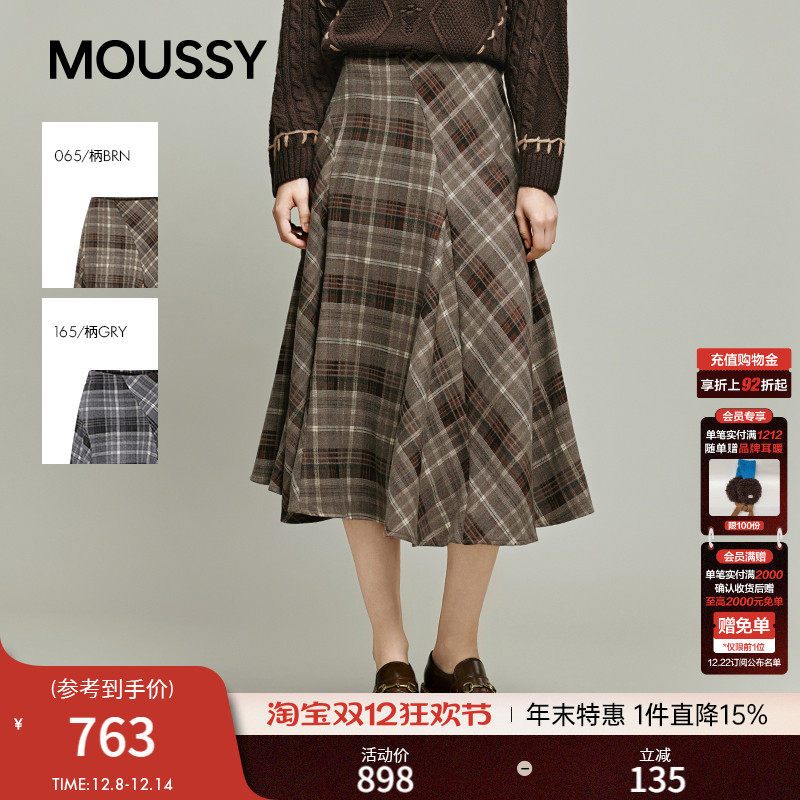 MOUSSY2025冬季新品复古文艺风不对称格纹A字半身裙028IAA31-1681