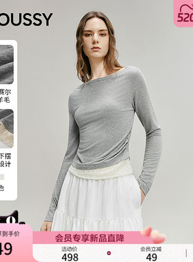 MOUSSY2026春季新品简约蕾丝拼接一字领修身长袖T恤028IAA80-1019