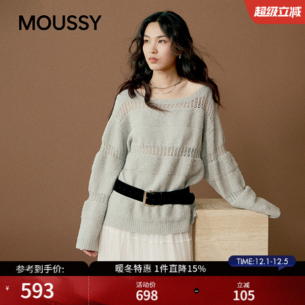 MOUSSY 2025秋季新品温柔慵懒风镂空拼接长袖针织衫028IAA70-0331